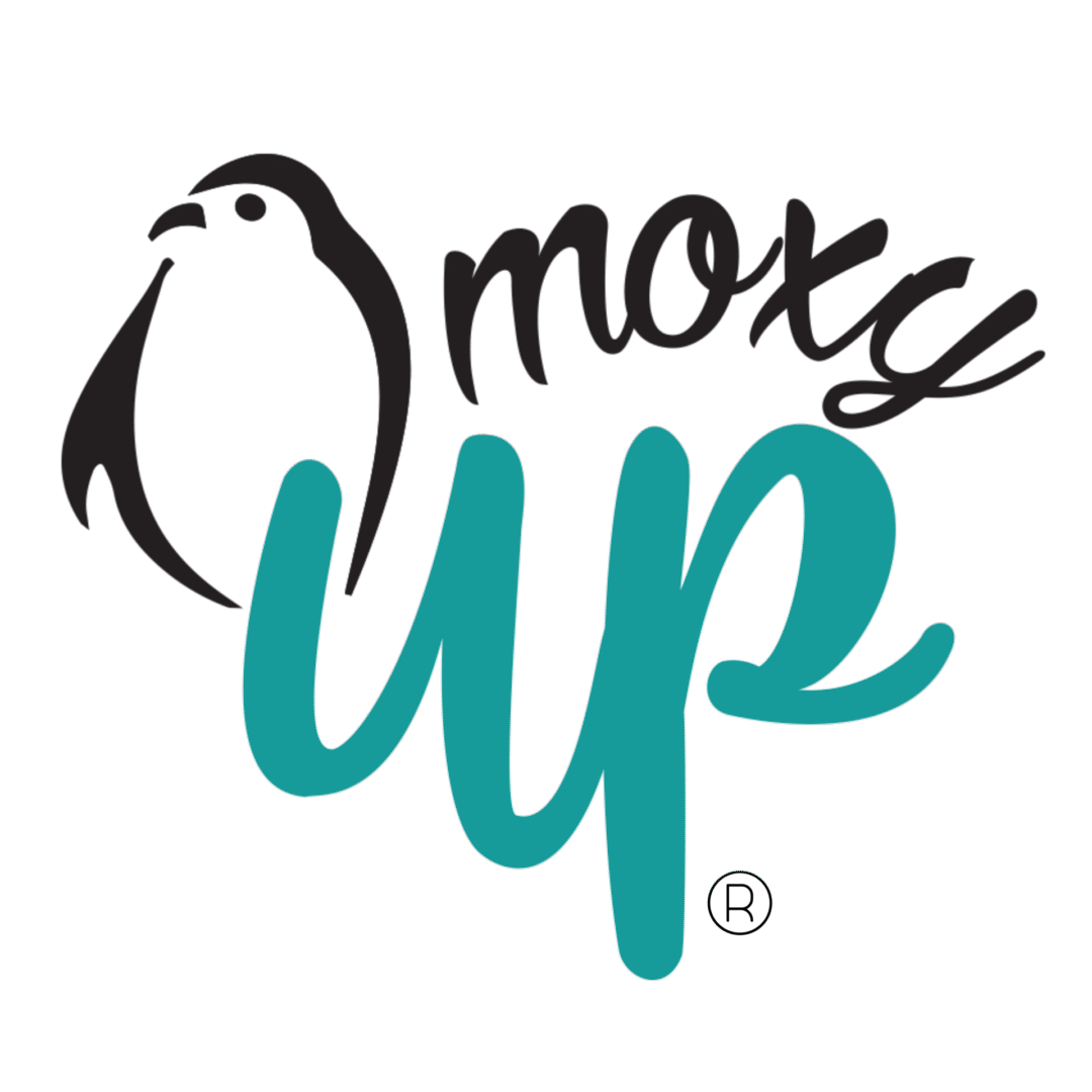 Stylized logo with the phrase 'moxy up' in artistic typography.